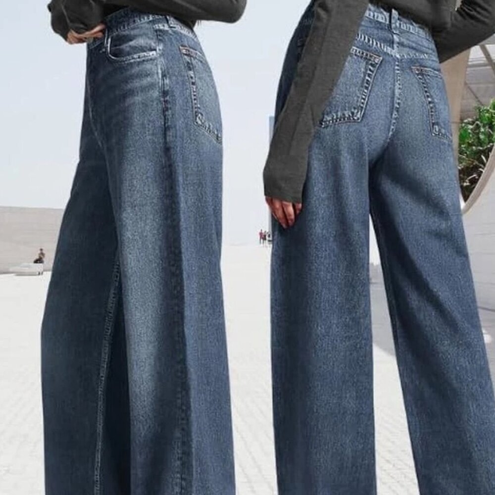 AnotherChill High-Waisted Wide-Leg Denim Sweatpant Jeans – Dark Wash – Size Med